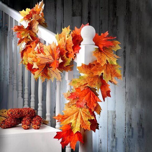 Fall Leaves Garland 2 Pack Red Maple Leaf 5.9 Ft Autumn Thanksgiving Decor - Picture 5 of 5